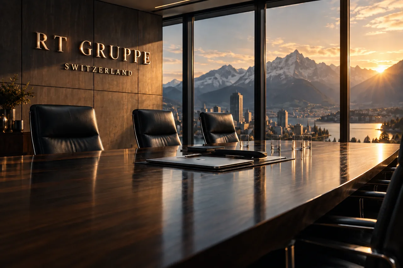 Konferenzraum mit Blick auf eine Berglandschaft, RT-GRUPPE-Schriftzug an der Wand